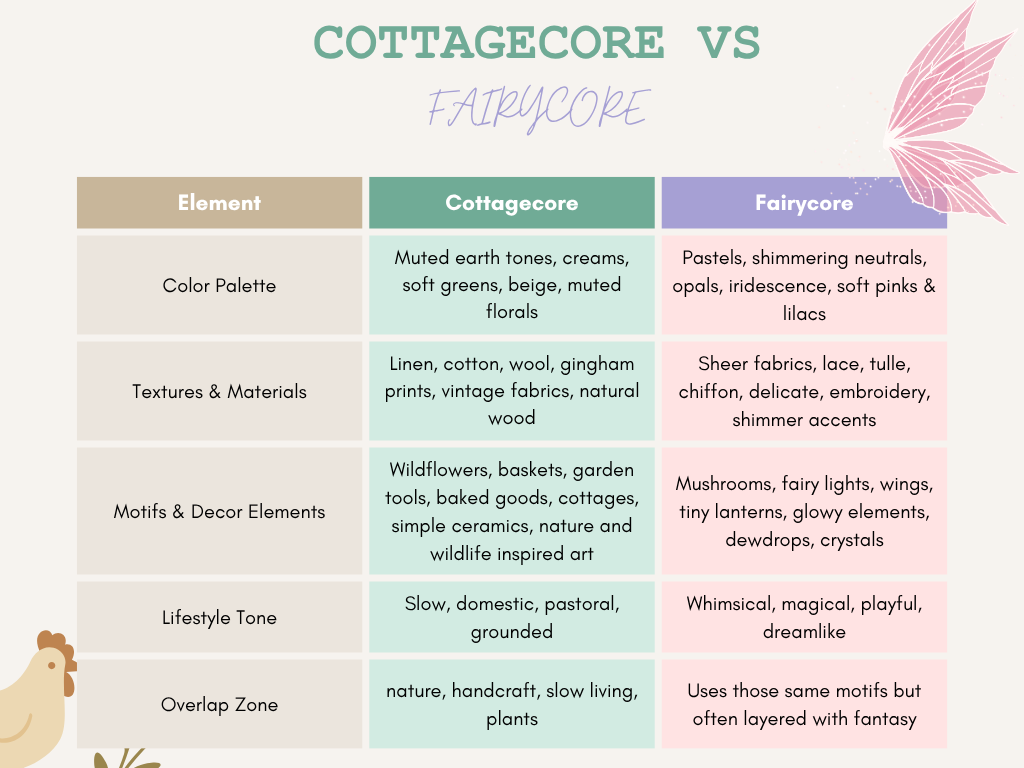 Cottagecore vs Fairycore comparison chart- visual guide showing differences in color palette, textures and materials, motifs and decor elements, lifestyle tones and overlap zones