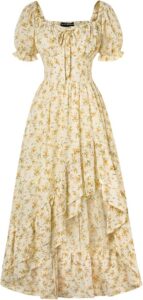 soft yellow cottagecore dress with floral pattern