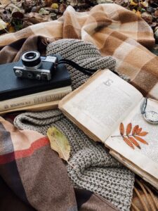 autumn cozy relaxing on a blanket with a camera and book