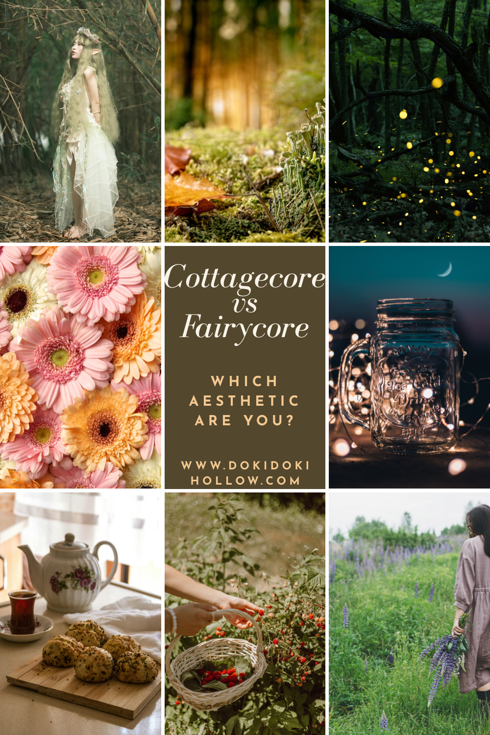 Cottagecore vs fairycore, fairy lights, baking, flowers, forest